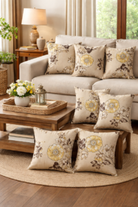 sofa, cushion, floral pattern, living room, lamp light, wooden coffee table, decorative interior, floral decor, cushioned room, wooden floor, candle light, comfortable environment, outdoor view, cosiness, lantern, fresh flowers, rattan basket, interior decoration, modern design