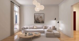 Elegant minimalist living room with neutral colors and modern decor.